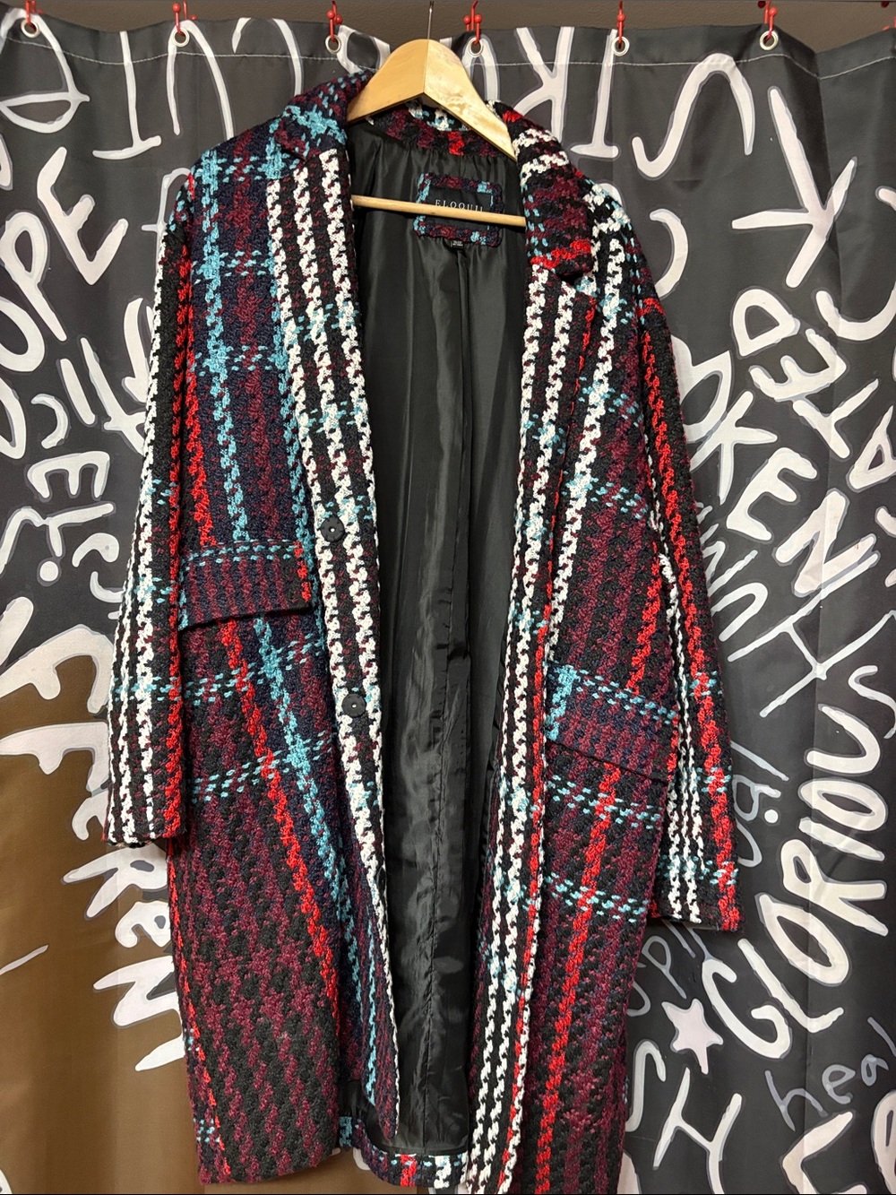 Eloquii Red Multi Plaid Long Pea Coat
